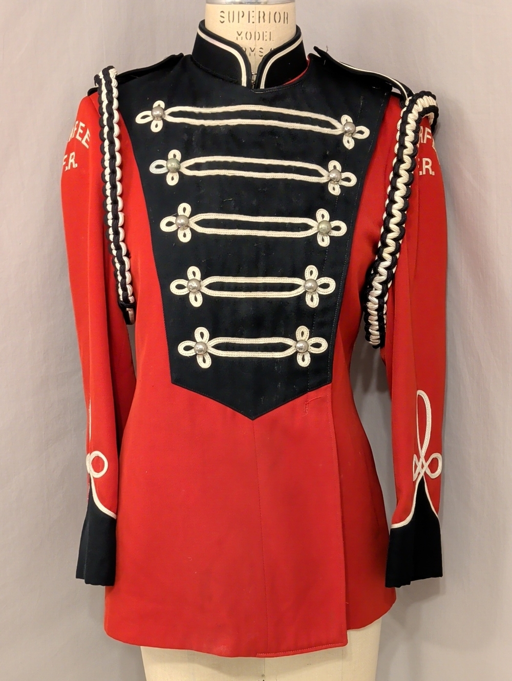 Vintage Military Style Dress Jacket Red Black &White Band Uniform Silver Buttons